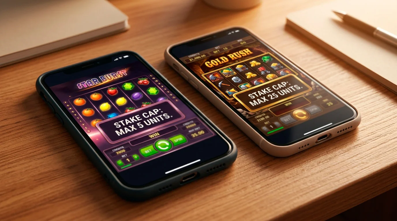 Two slot screens side by side showing different stake caps for different age groups