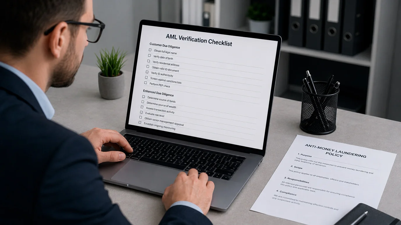 Compliance officer reviewing an anti-money-laundering checklist on a laptop