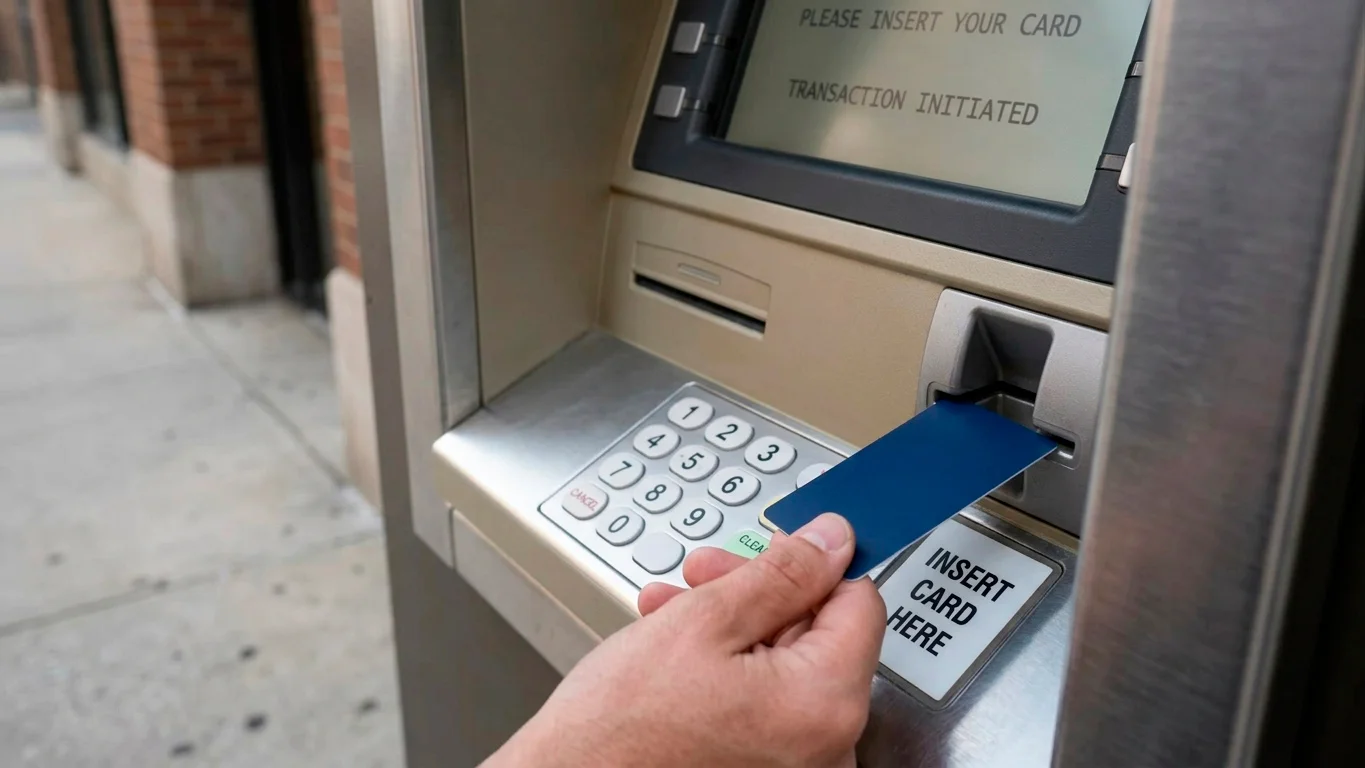 Hand inserting a plain prepaid card into a cash machine slot