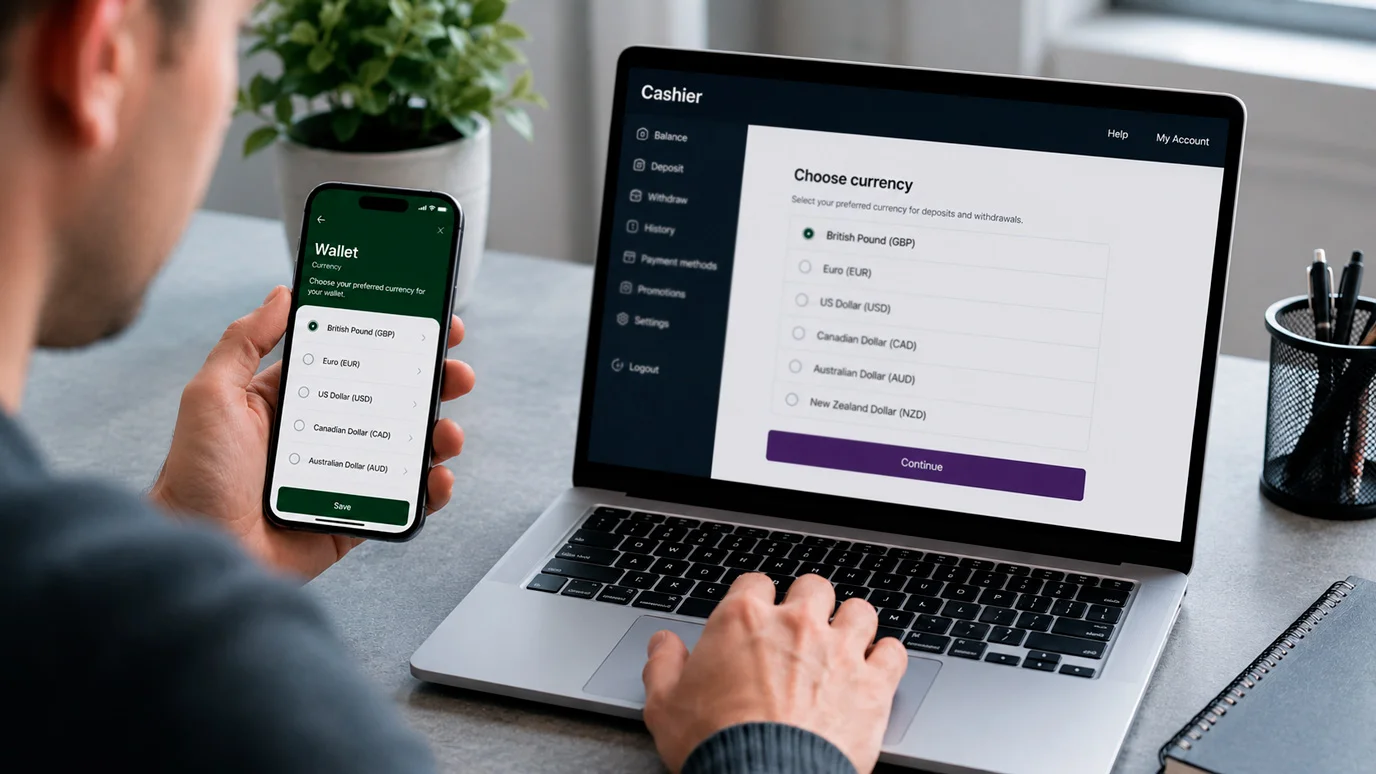 Person reviewing wallet and casino currency settings side by side on a laptop