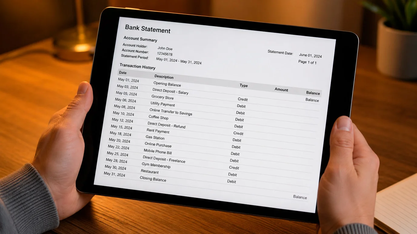 Person reviewing a fully visible bank statement on a tablet