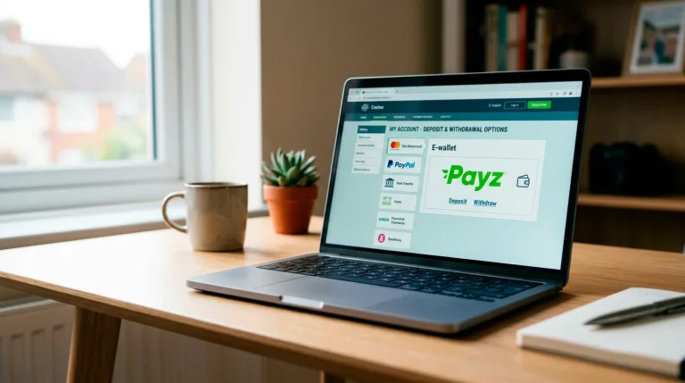 UK casino cashier page showing the Payz e-wallet accepted for deposits and withdrawals