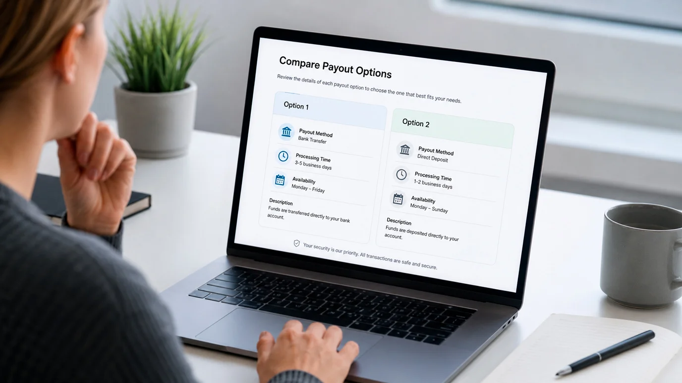 Person deciding between routes for a large and a small payout on a laptop