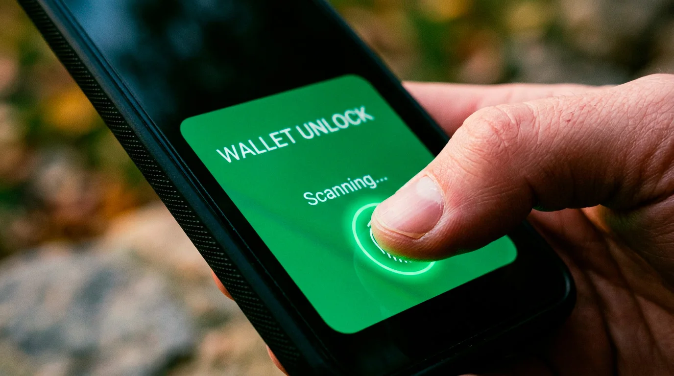 Thumb resting on a phone fingerprint sensor to unlock a wallet app