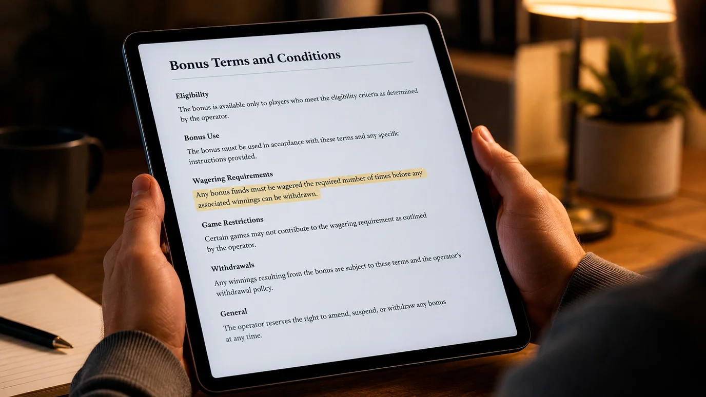 Reading the small print of a casino bonus terms page on a tablet