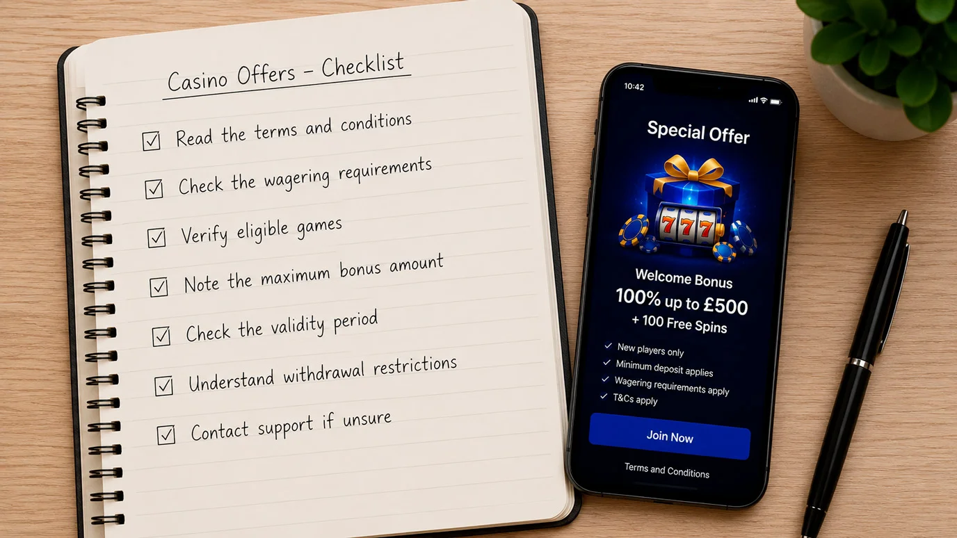 Notebook with a handwritten checklist for vetting a casino bonus offer