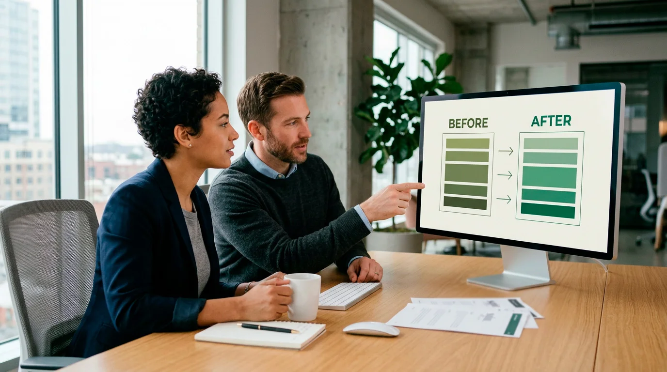 Marketing team reviewing a brand transition on a large monitor in a calm office
