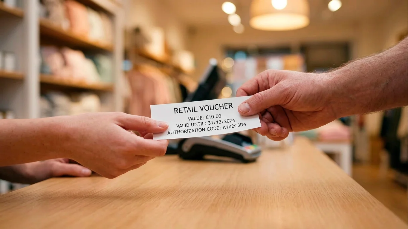Person buying a prepaid voucher at a tidy shop counter