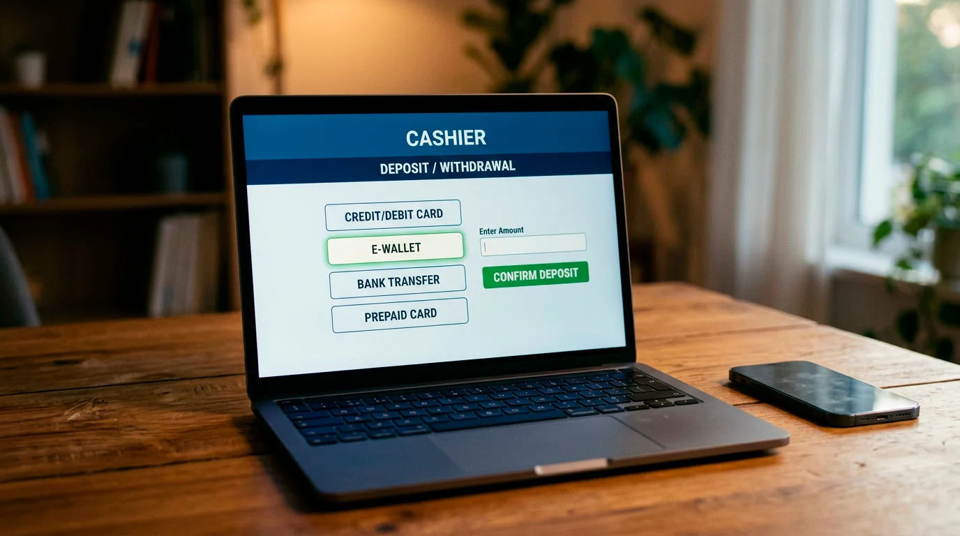 Laptop screen showing an online casino cashier page listing several e-wallet payment methods