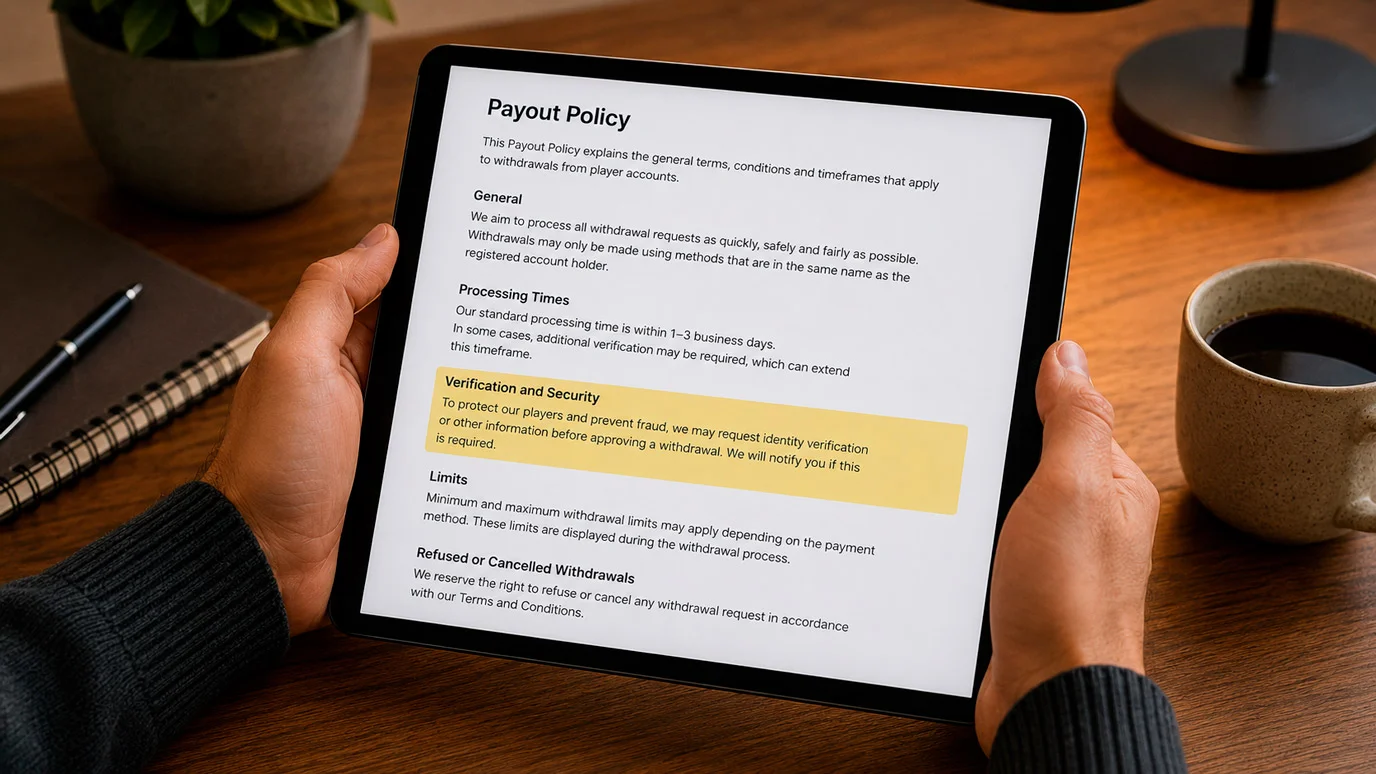 Person reading a casino payout-policy page on a tablet