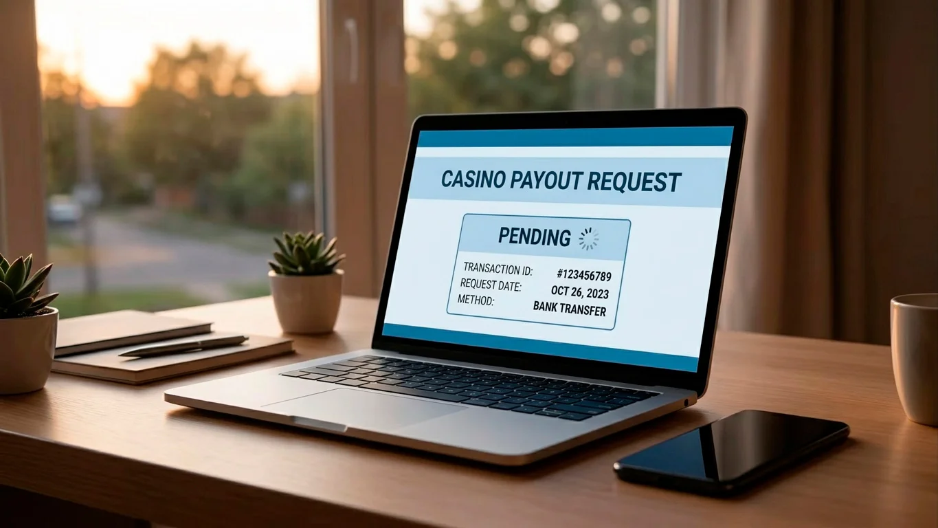 Casino payout-processing screen on a laptop showing a pending status