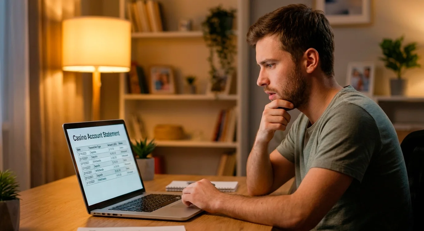 Person at a laptop puzzling over an online casino account statement