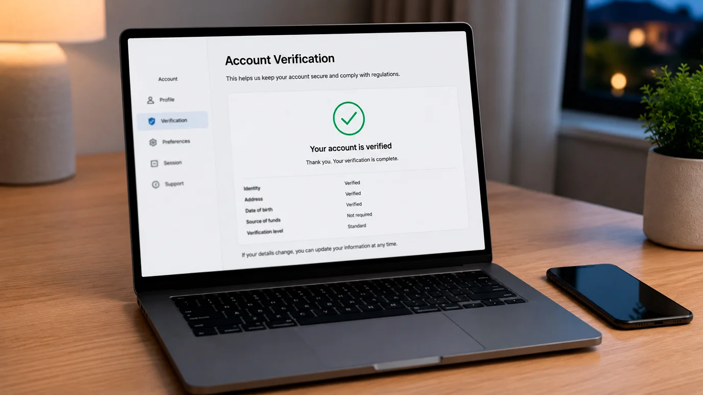 Casino account verification screen on a laptop confirming a known identity