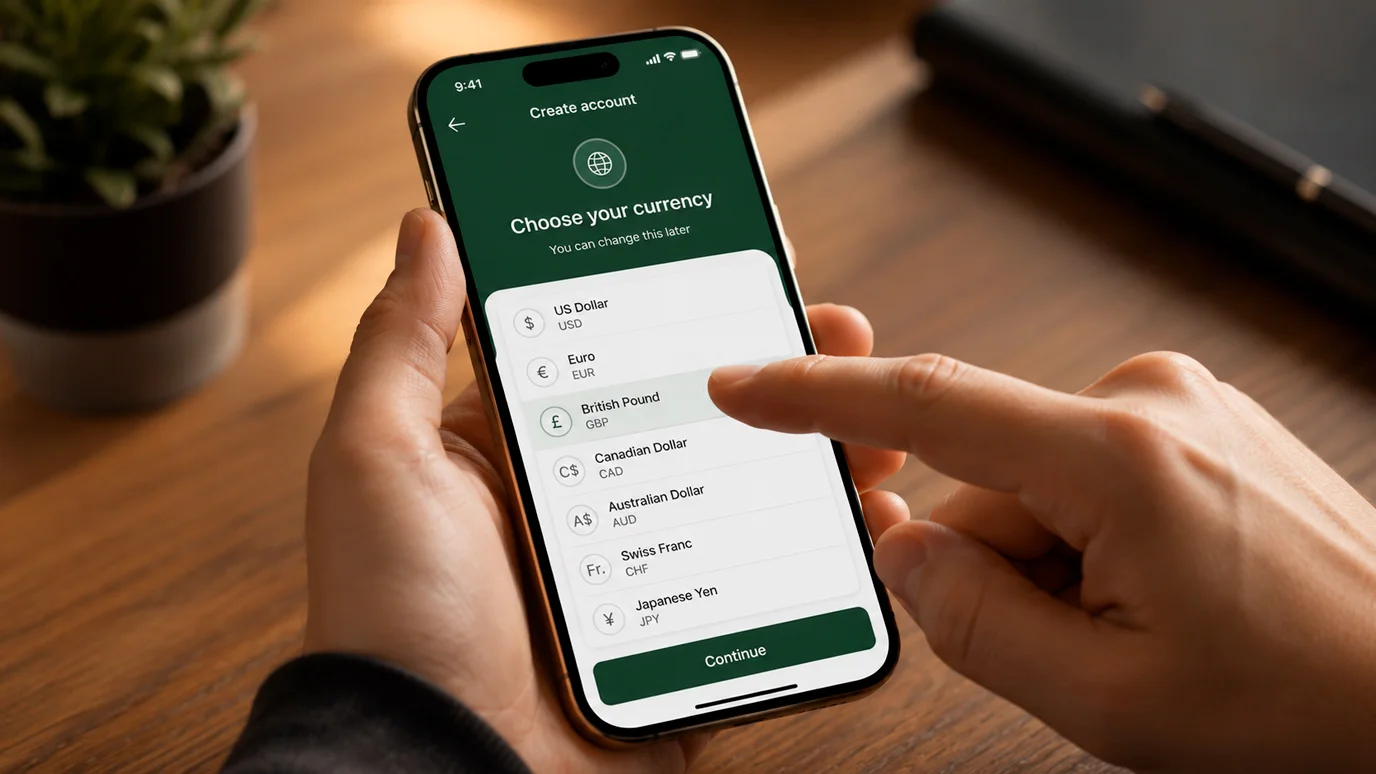 Person selecting a base currency option during wallet registration on a phone