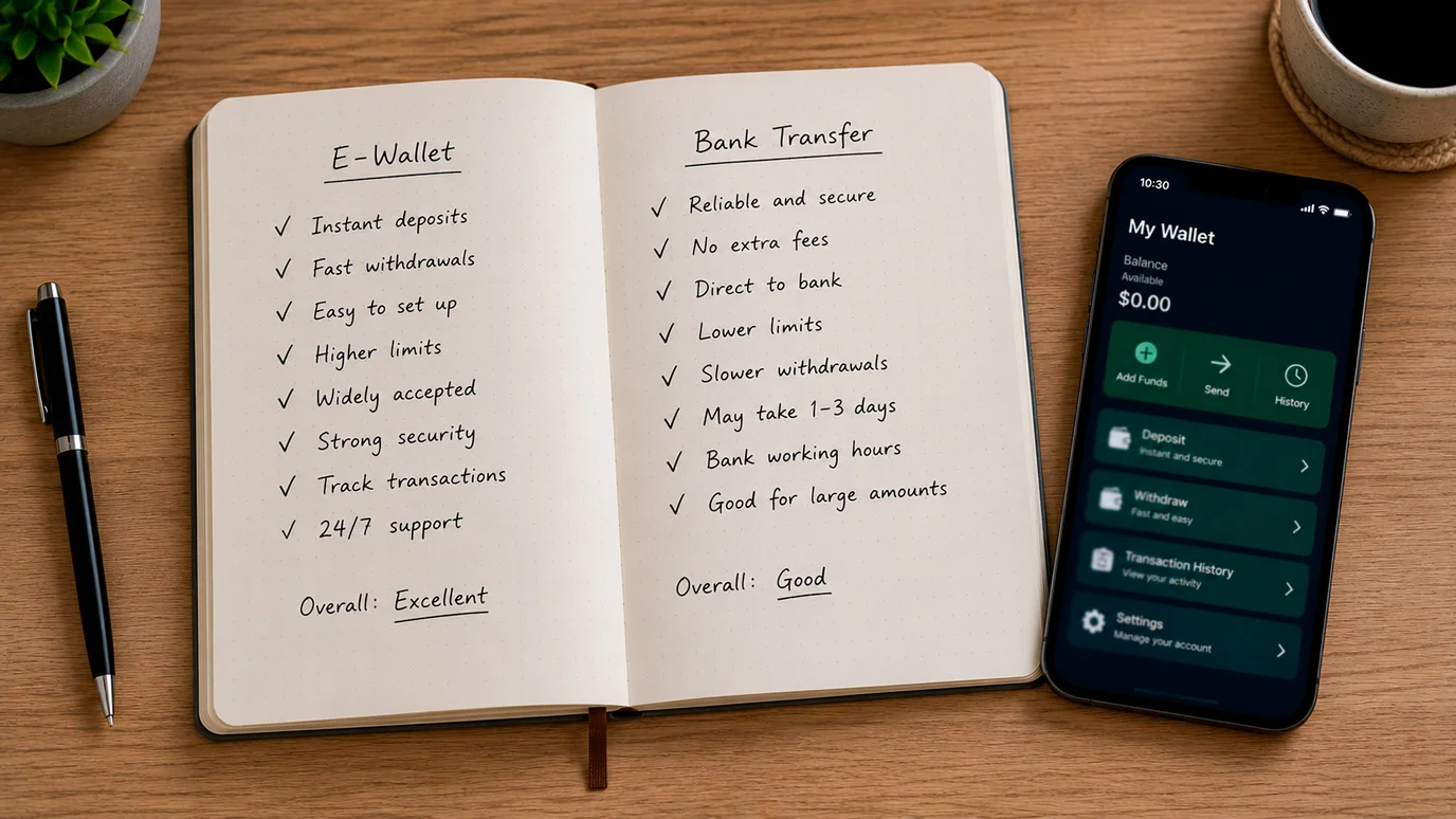 Person weighing card versus wallet on a notebook beside a phone