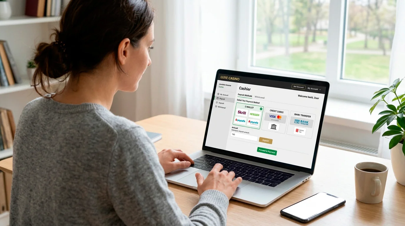 Person confidently selecting an accepted wallet at a casino cashier on a laptop