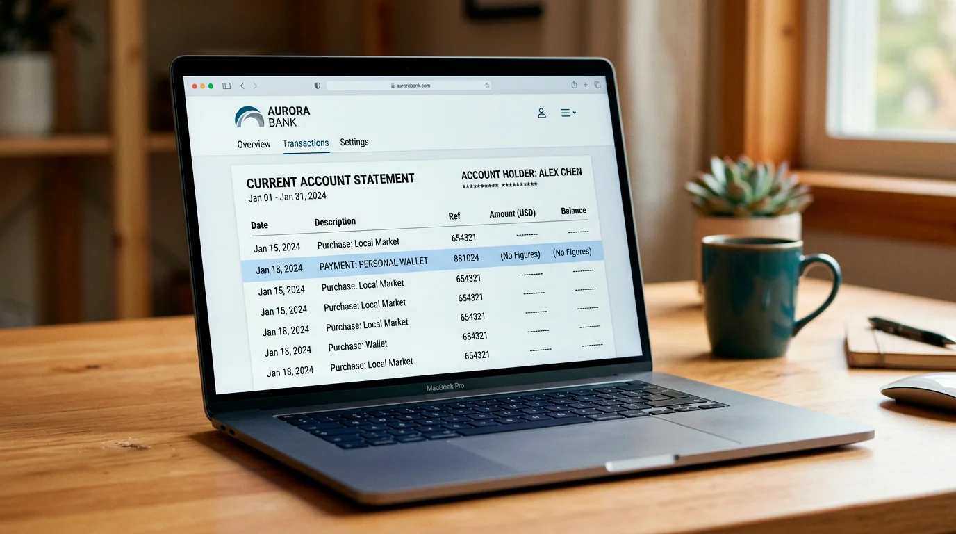 Bank statement on a laptop showing a neutral wallet entry rather than a casino name