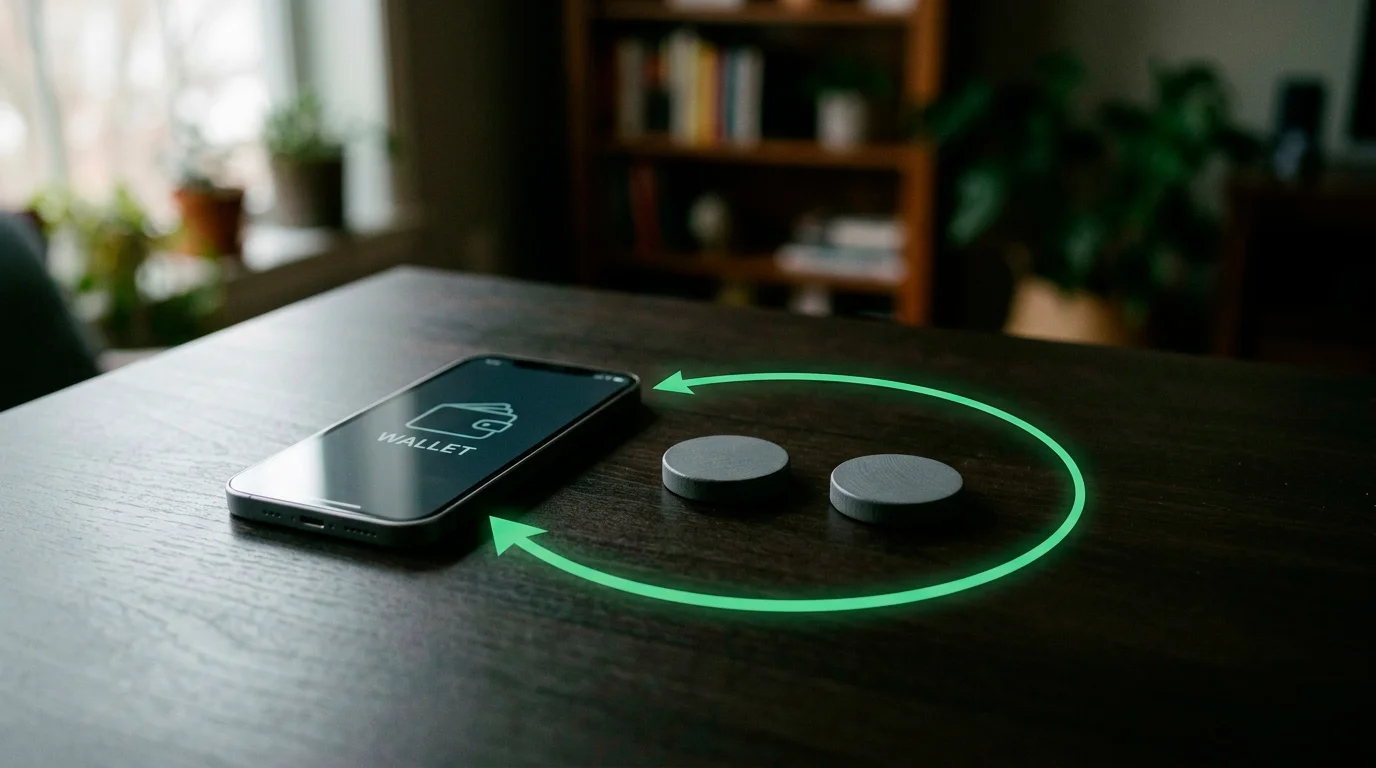 Diagram-style desk scene showing money returning to its origin wallet