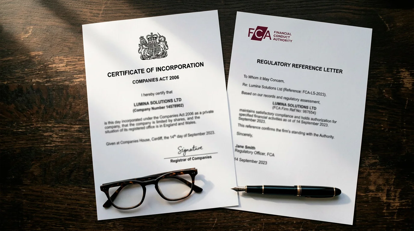 Printed corporate registration document with an FCA reference on a desk beside a pen