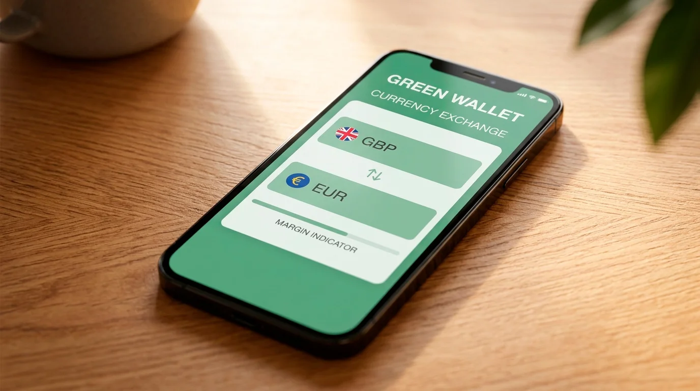 Smartphone wallet showing a currency-exchange screen with a margin applied