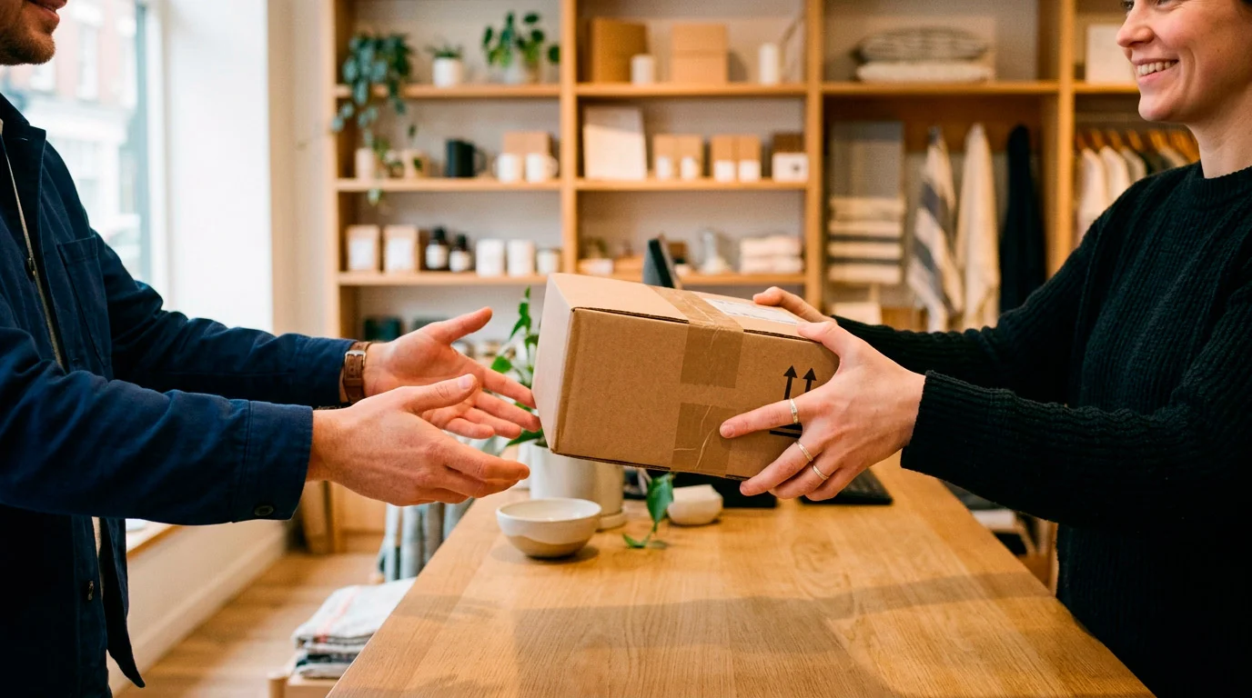 A courier parcel handed across a counter illustrating wallet as courier and casino as shop