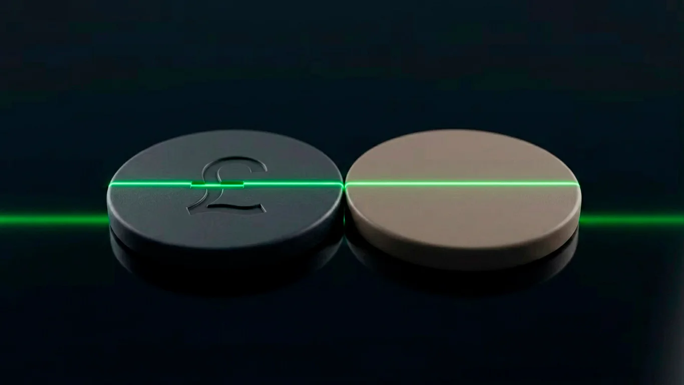 Two differently coloured currency tokens meeting on a desk to show an FX margin