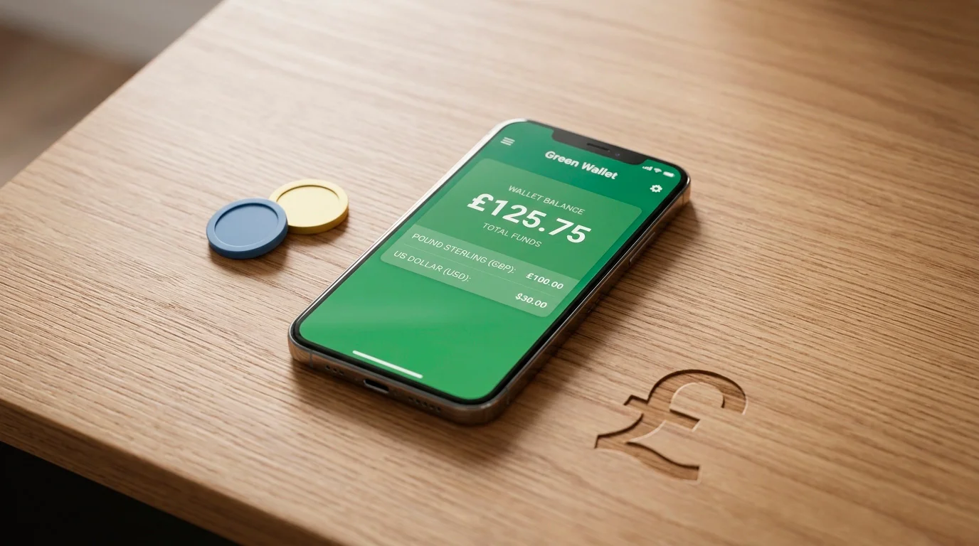 Two small flag-coloured tokens beside a phone wallet hinting at currency mismatch
