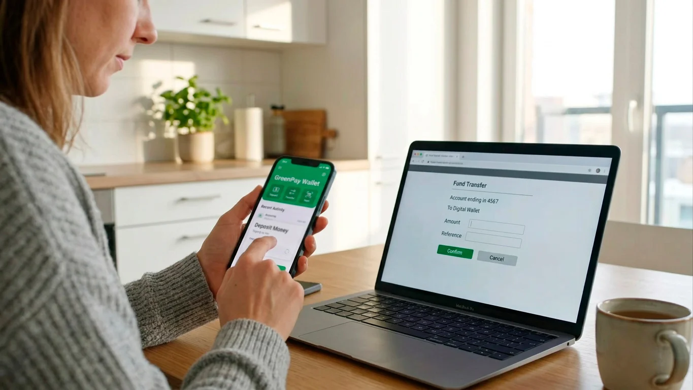 Person topping up a green wallet app on a phone from a bank account, debit funding