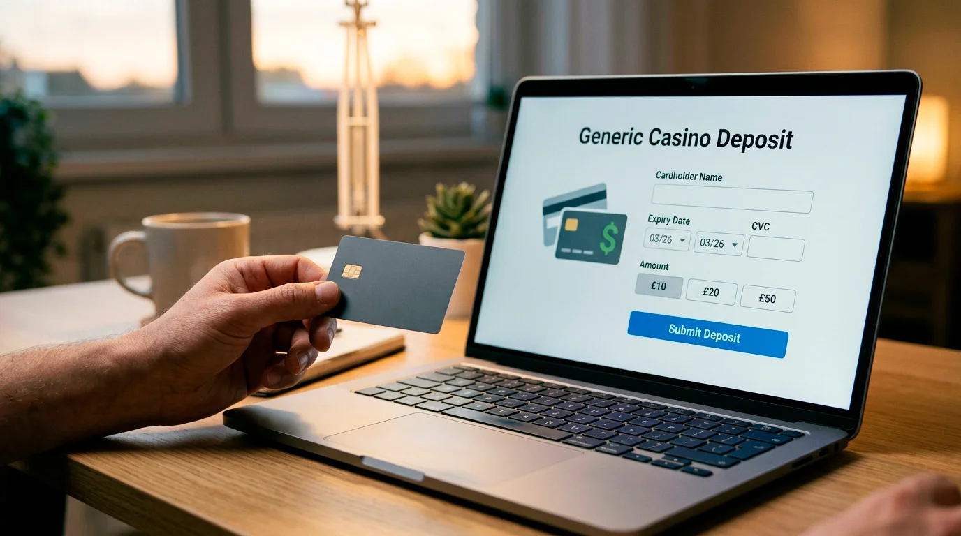 Hand entering a plain card into a casino cashier screen on a laptop for simplicity