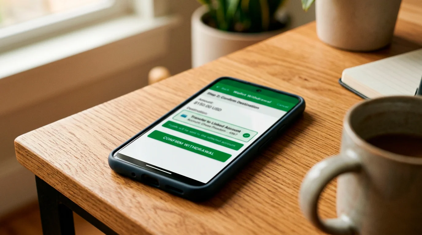 Smartphone wallet showing a withdrawal directed back to the original method