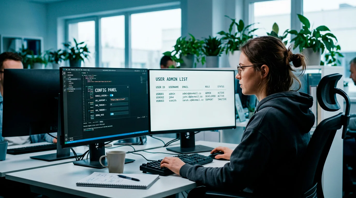 Developer at a desk reviewing a payment integration label on a code editor