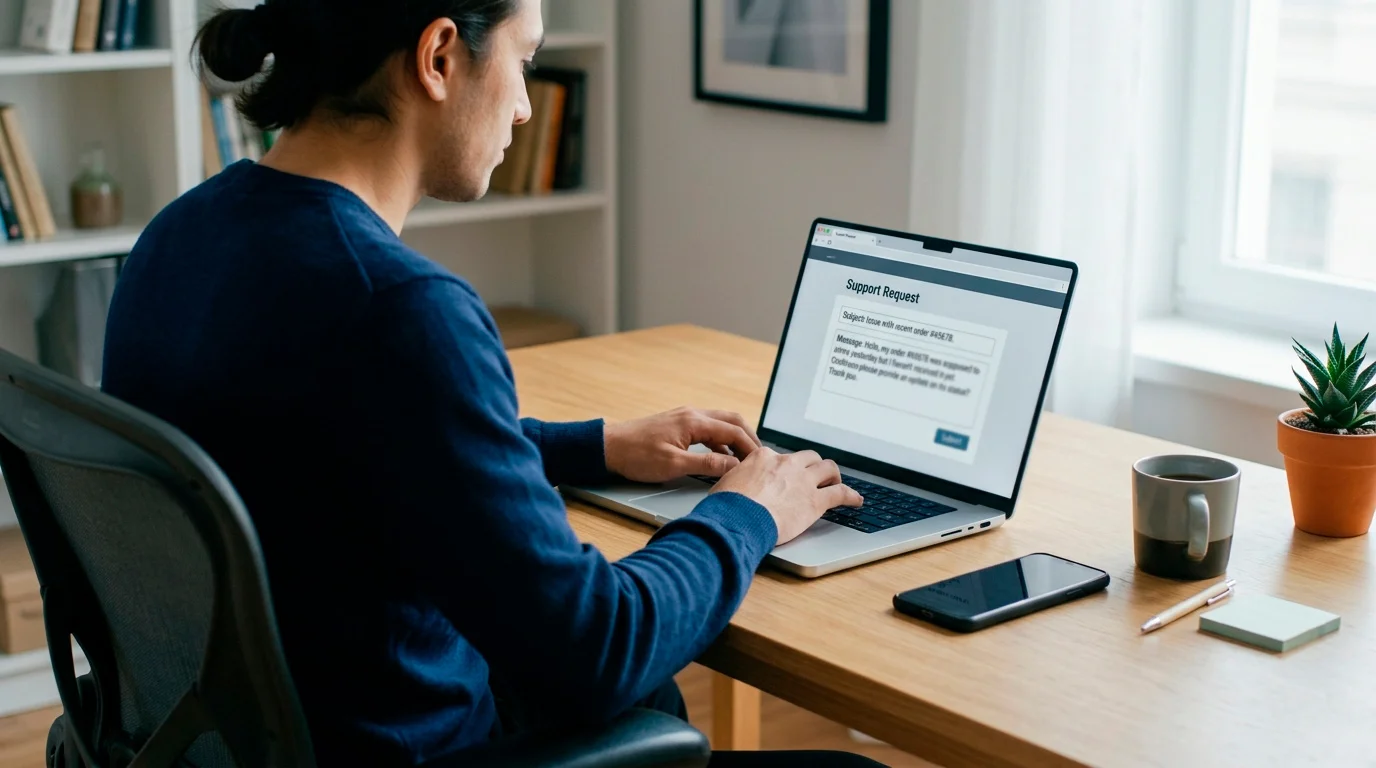 Person opening a support dispute about a casino charge on a laptop