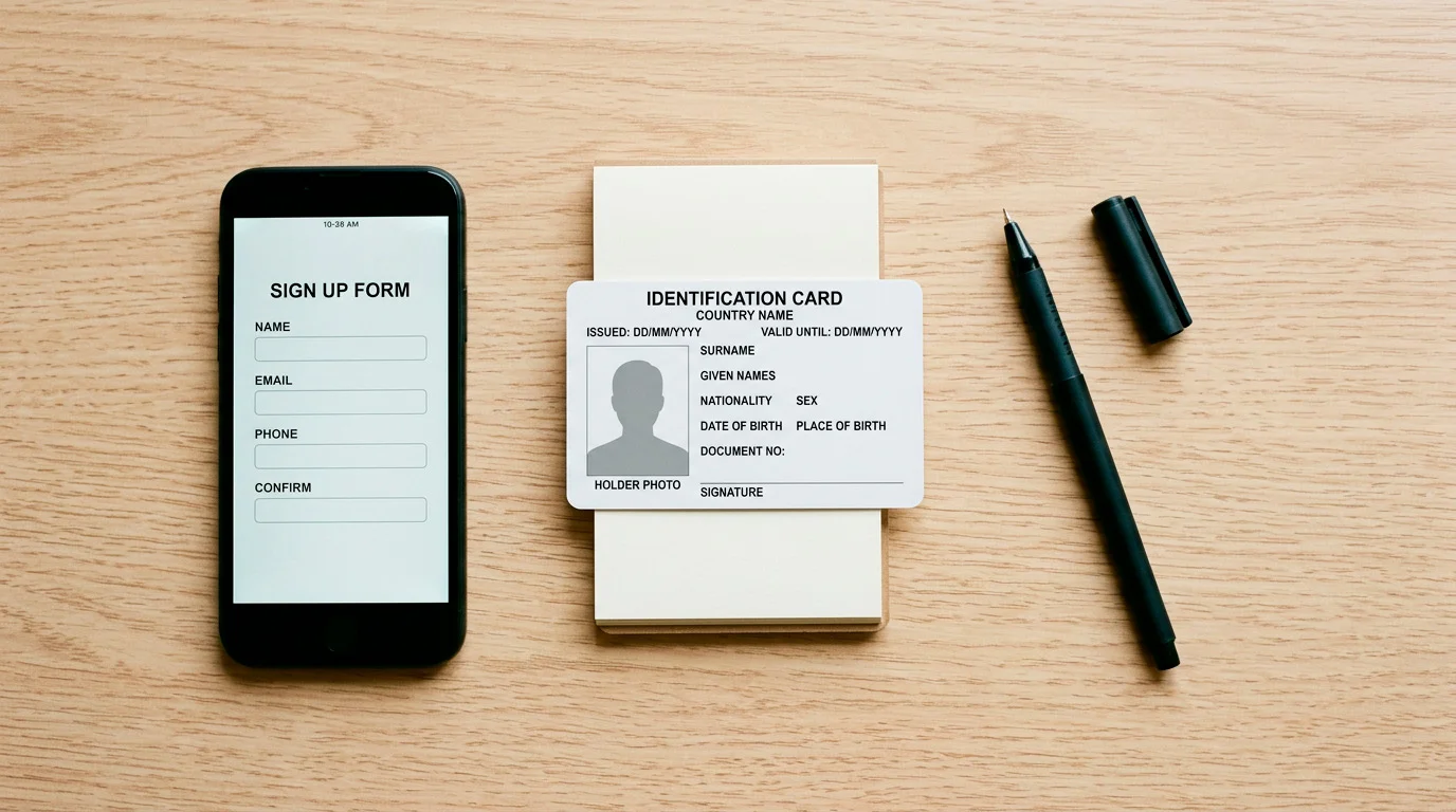 Generic identity document and a phone laid out ready before opening a wallet account