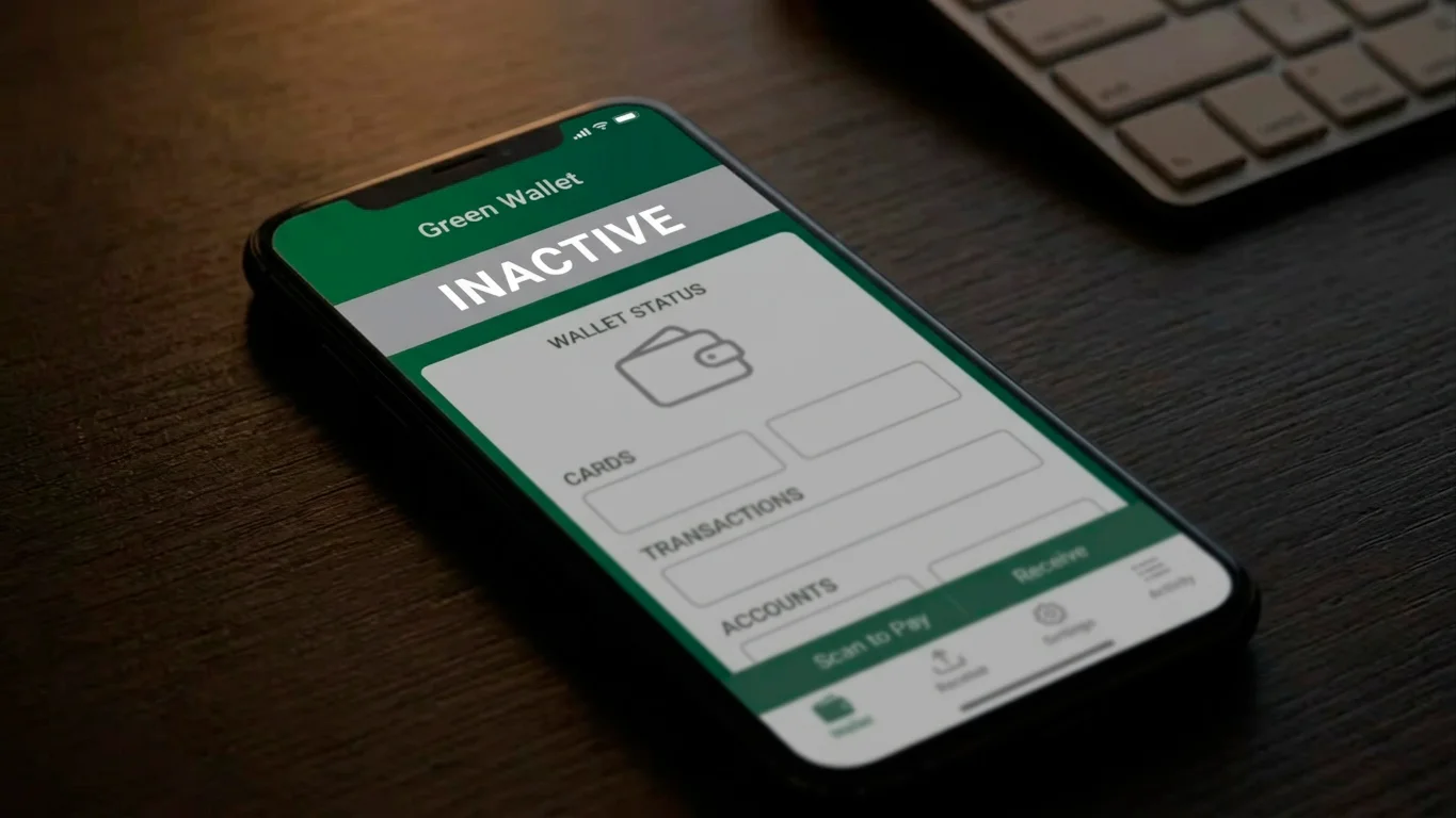 Smartphone wallet showing an account flagged as inactive after long silence