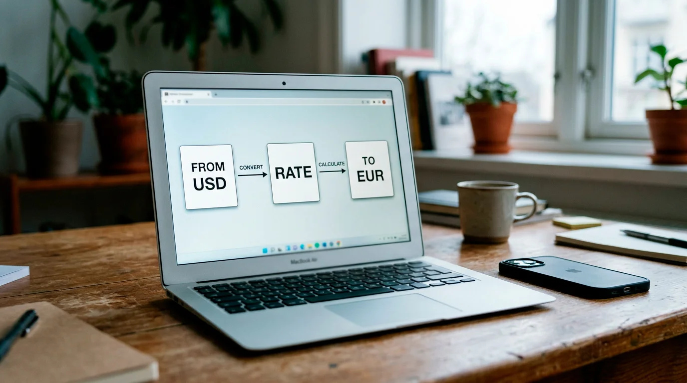 Two stacked conversion steps shown on a laptop where currency is changed twice