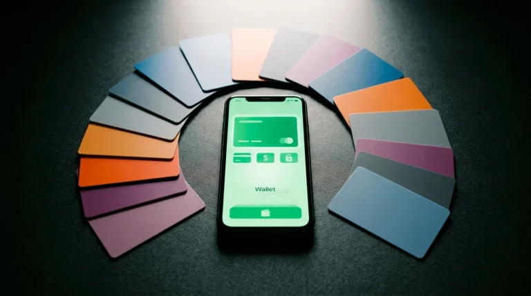 A green wallet at the centre of a fan of alternative payment methods on a cashier surface