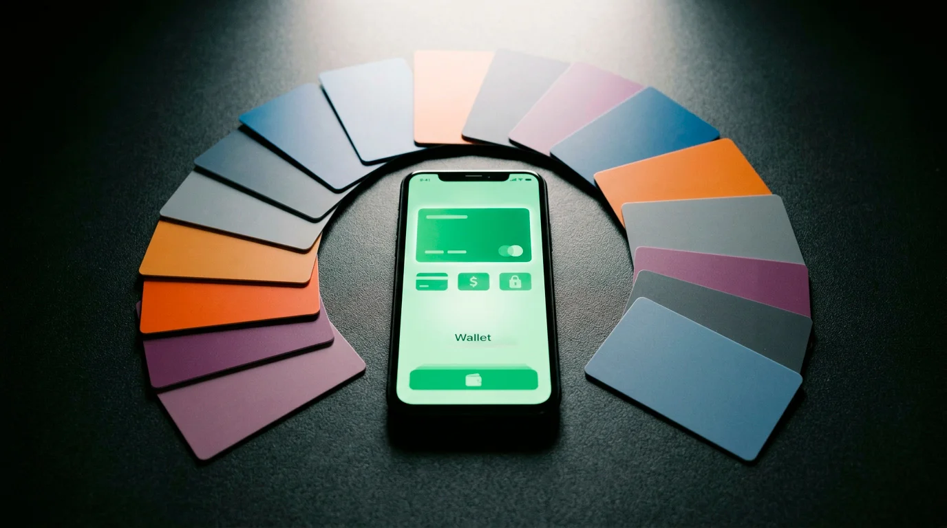 A green wallet at the centre of a fan of alternative payment methods on a cashier surface