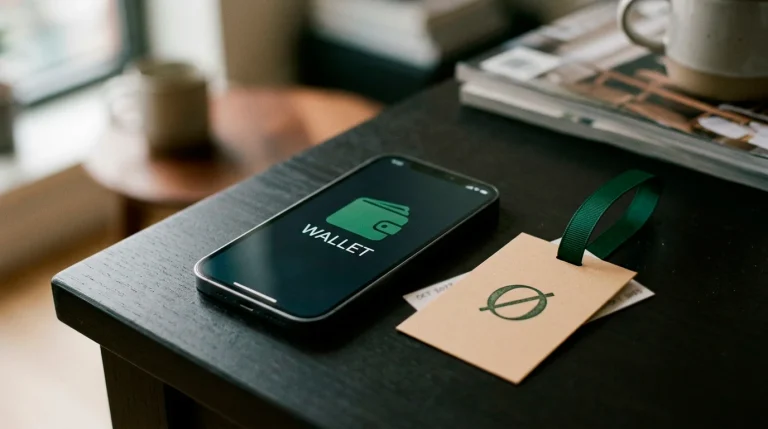 A green wallet app beside a gift-style bonus token marked with an exclusion symbol