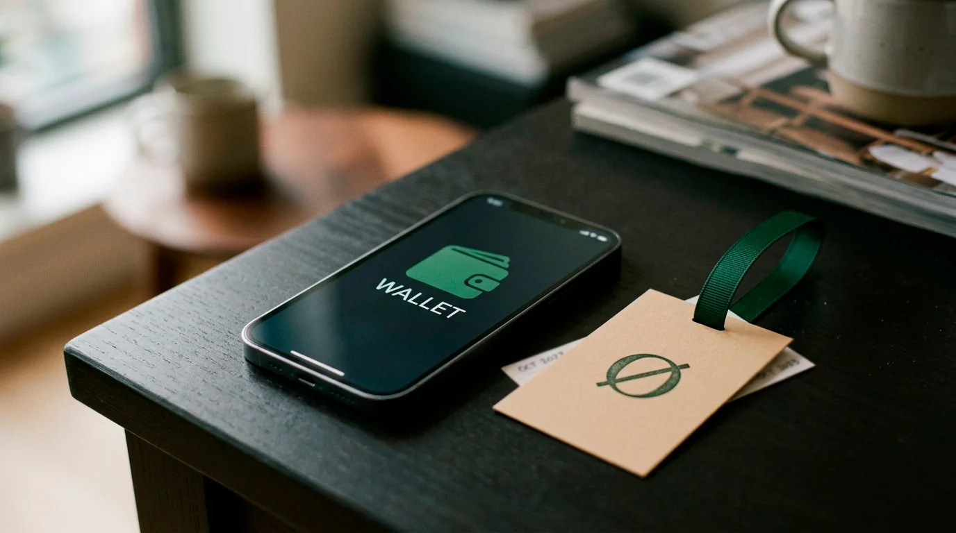 A green wallet app beside a gift-style bonus token marked with an exclusion symbol