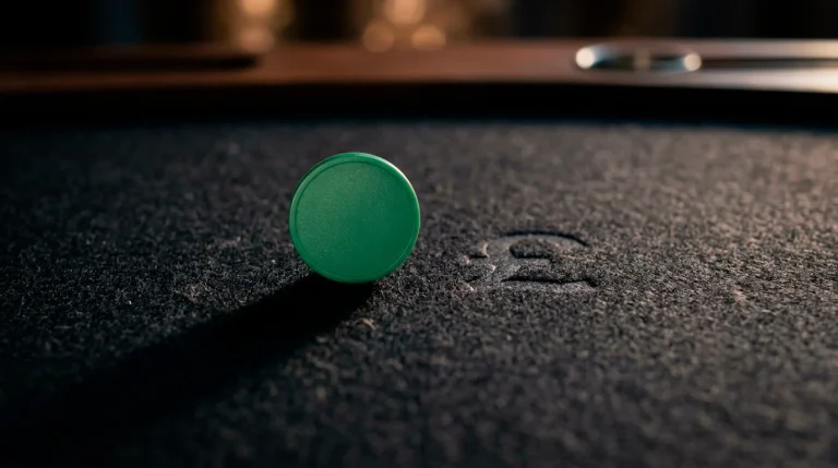 A single small green chip-sized token resting on a dark cashier surface symbolising a low minimum deposit