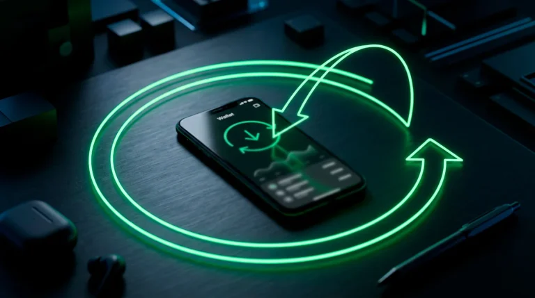 A green looping arrow returning a refund back into a wallet along a closed path