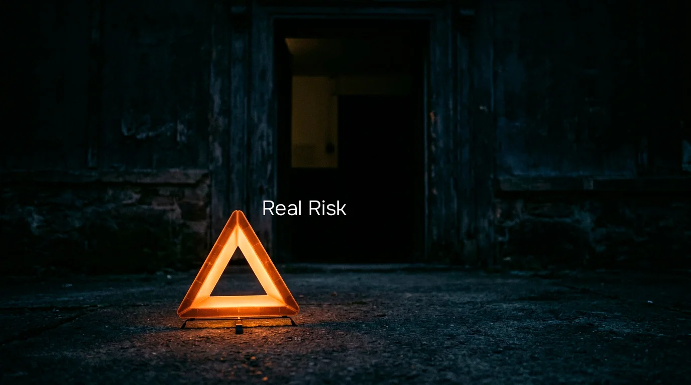 A glowing warning sign beside a dark unlicensed casino doorway symbolising offshore risk