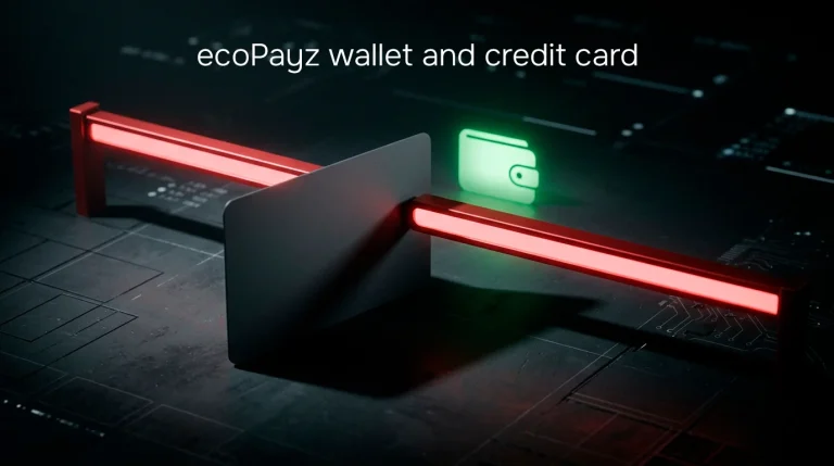 A symbolic credit card stopped by a red barrier in front of a green digital wallet