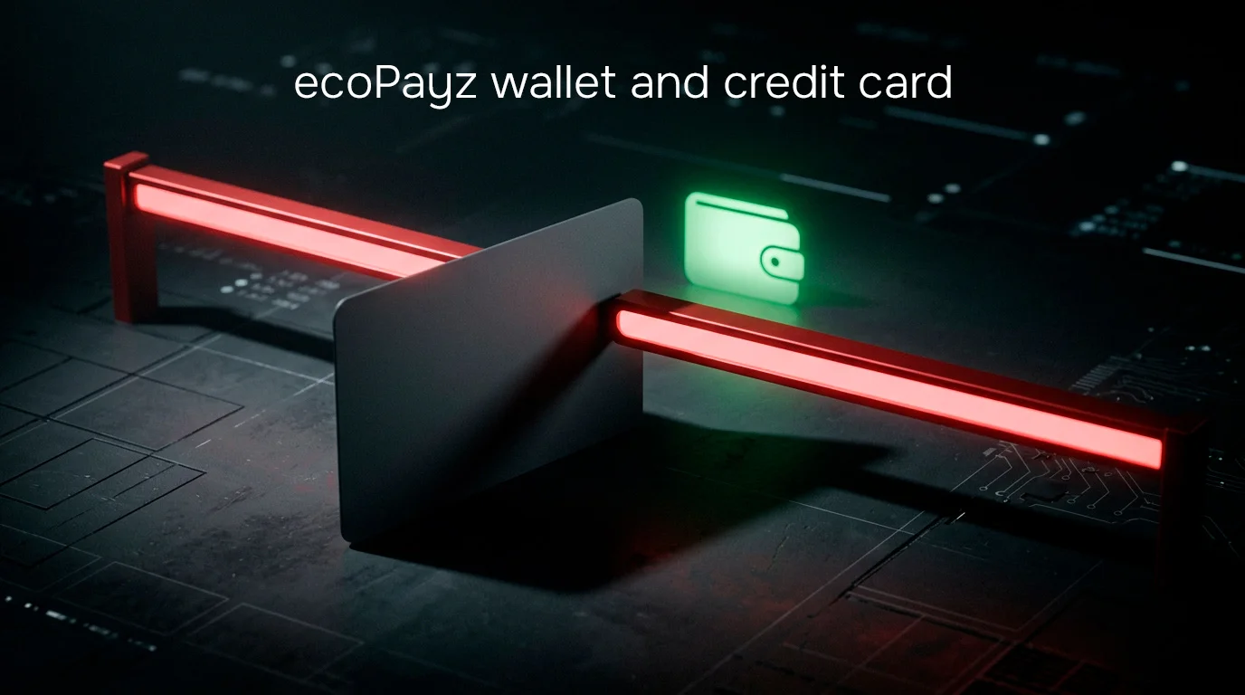 A symbolic credit card stopped by a red barrier in front of a green digital wallet