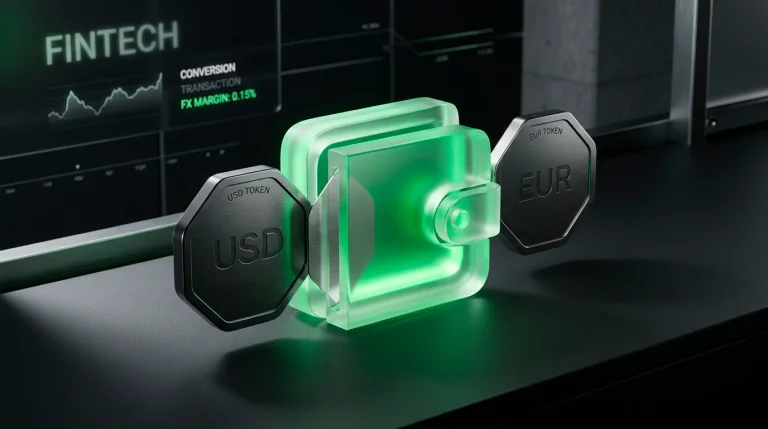 Two differently coloured currency tokens converting through a green wallet with a margin