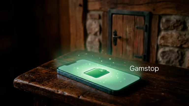 A green wallet app glowing beside a closed casino door, illustrating self-exclusion blocking casinos not wallets