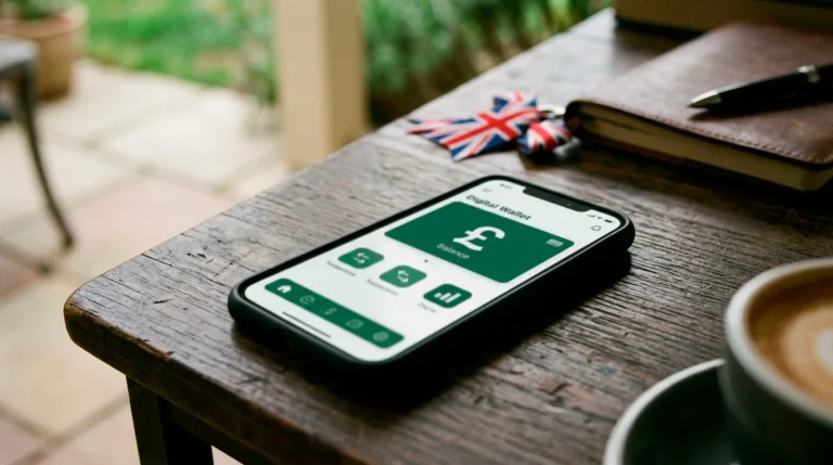 A green wallet app on a phone displaying a pound-sterling balance for UK casino play