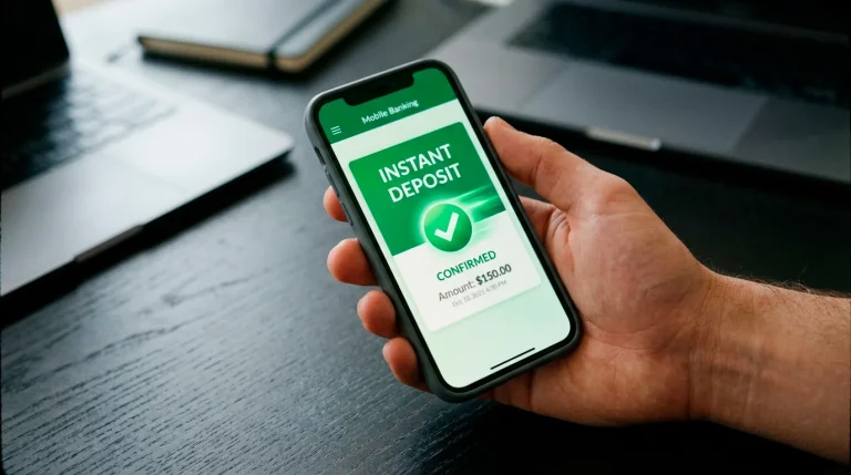 A green wallet app on a phone showing an instant deposit confirmation in a flash of light
