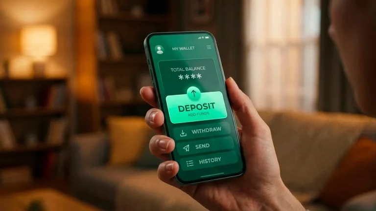A smartphone held in one hand showing a green digital wallet app for mobile casino deposits