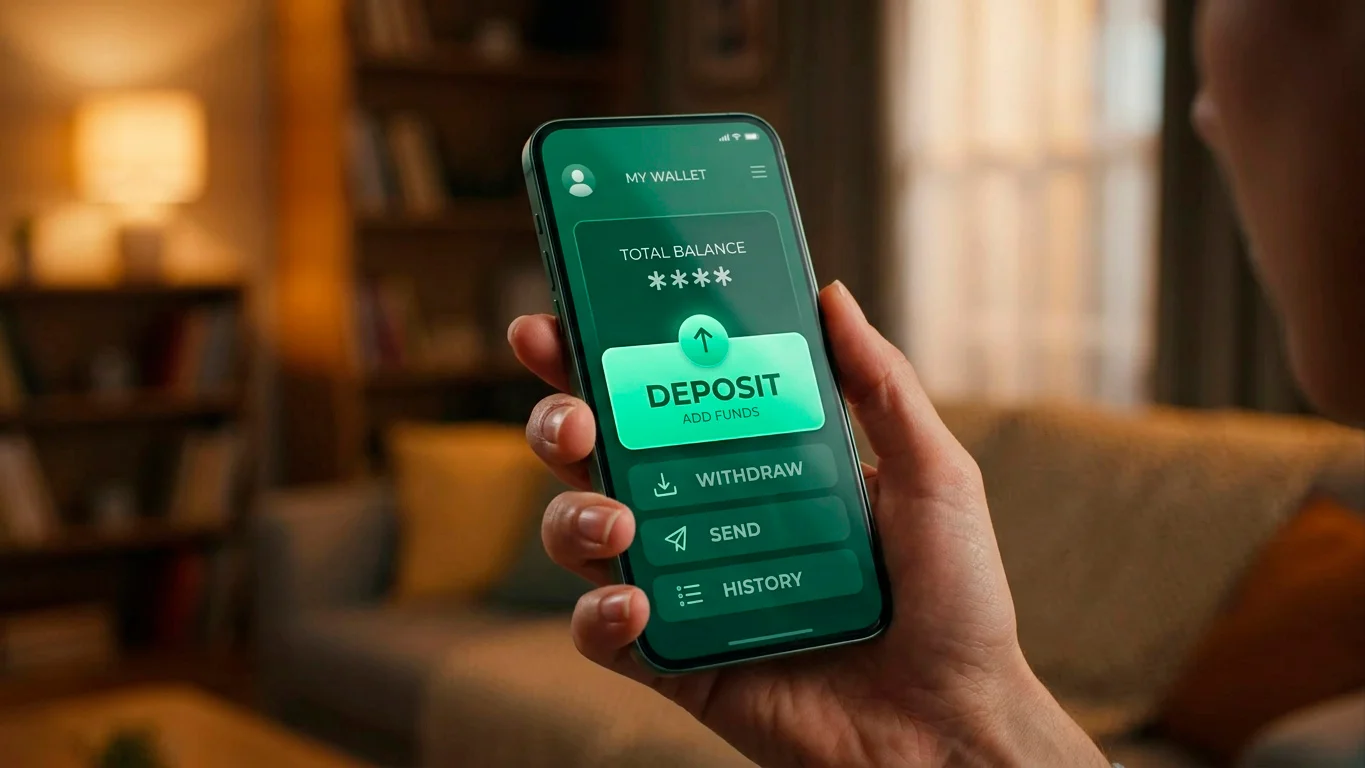 A smartphone held in one hand showing a green digital wallet app for mobile casino deposits